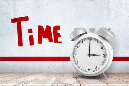 3d rendering of white alarm clock on white wooden floor with red TIME sign and red line on white...