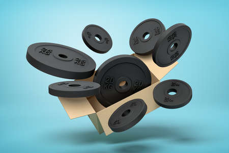 3d rendering of cardboard box in air full of black weight plates which are flying out and floating...