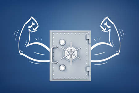 3d rendering of a bank safe box with chalk drawn muscular arms on both sides from it on a blue...