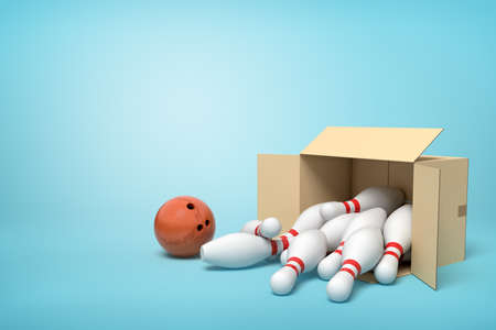 3d rendering of cardboard box lying sidelong full of white bowling pins and one brown bowling ball next to it on light-blue background.の写真素材