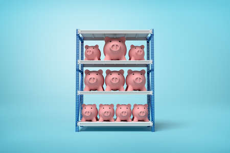3d rendering of pink piggy banks on silver blue metal rack shelves on blue backgroundの写真素材
