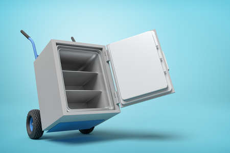 3d rendering of open big light-grey metal safe on blue hand truck on light-blue background with copy...