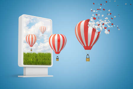 3d rendering of digital display showing green field with striped hot-air balloons flying out of screen, the closest balloon dissolving into particles.の写真素材
