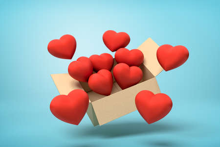 3d rendering of cardboard box in air full of cute red hearts which are flying out and floating...