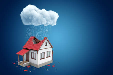 3d rendering of little detached house with big hole in roof, standing under rainy cloud, on blue background with copy space.の写真素材