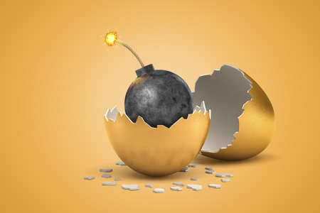 3d rendering of black round bomb with burning fuse that just hatched out from golden egg.の写真素材