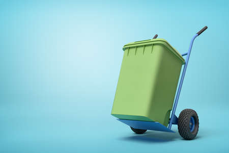 3d rendering of green trash can on blue hand truck which is standing in half-turn on light-blue background with copy space.の写真素材