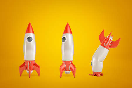 3d rendering of three rocketships in row, two standing upright, and one crash-landed upside down, on...