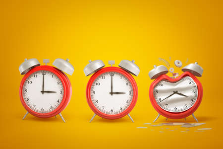 3d rendering of three red alarm clocks standing in row, one of them bent and damaged, on amber gradient background.の写真素材