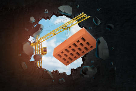 3d rendering of hoisting crane carrying red perforated brick and breaking hole in black wall with...