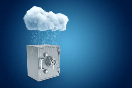 3d rendering of white rainy cloud above grey metal bank safe on blue background
