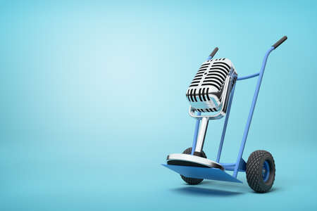 3d rendering of a vintage microphone on a hand truck on blue background