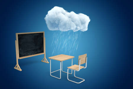 3d rendering of blackboard and school desk under white raining cloud on blue background.