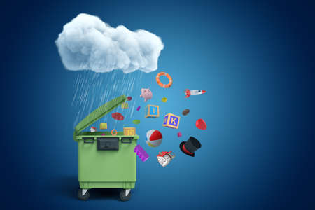 3d rendering of green container standing under raining cloud, different objects flying out from under its open lid on blue background.の写真素材
