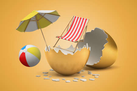 3d rendering of beach chair and umbrella with rainbow beach ball hatching out of golden egg on...