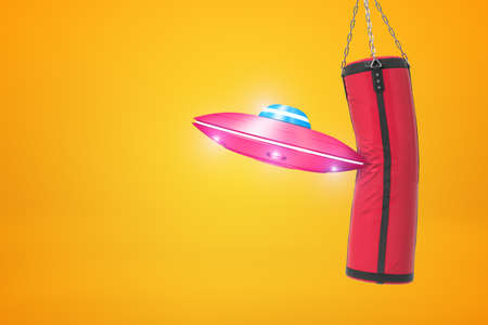 3d rendering of small pink UFO bumping into red punching bag on amber background.