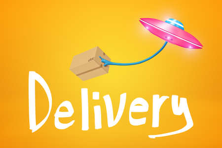 3d rendering of pink metal UFO carrying brown cardboard box with Delivery sign on yellow backgroundの写真素材