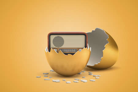 3d rendering of retro radio set that just hatched out from golden egg.の写真素材