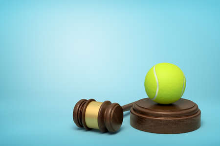 3d rendering of yellow tennis ball on round wooden block and brown wooden gavel on blue background
