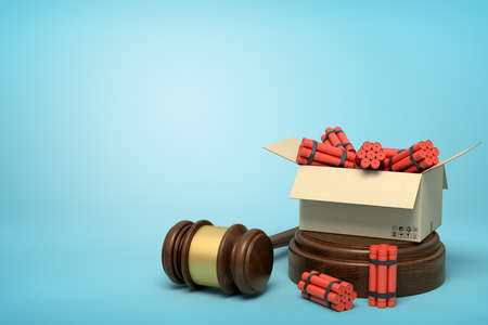 3d rendering of cardboard box full of dynamite standing on sounding block with judge gavel lying beside block on light-blue background.の写真素材
