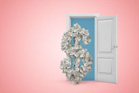 3d rendering of huge dollar symbol made of lots of dollar banknotes emerging from white door on pink copy space background.の写真素材