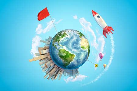 3d rendering of colored earth globe with city buildings, air balloons, red flag and space rocket on blue sky backgroundの写真素材