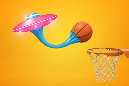 3d rendering of basketball ball stuck to pink metal UFO with blue sticky gum and basketball hoop on...