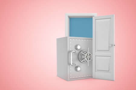 3d rendering of big metal money safe emerging from open door on pink gradient copyspace background.の写真素材
