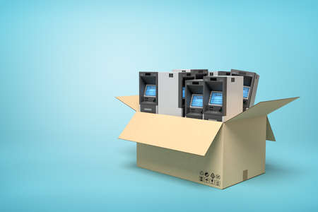 3d rendering of cardboard box full of several ATMs on blue background.