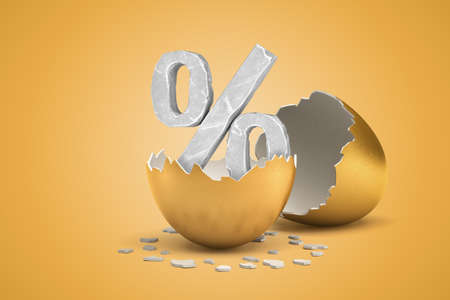 3d rendering of grey percent sign hatching out of golden egg on yellow background