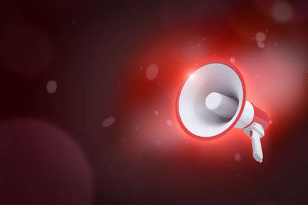 3d rendering of red and white megaphone on crimson bokeh background with copy space. Breaking news. Social media and PR. Feedback tools.の写真素材