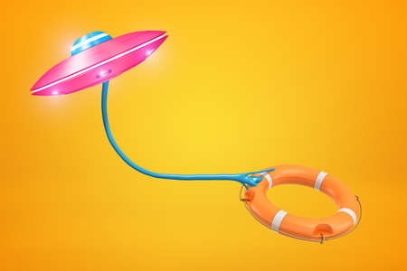 3d rendering of pink UFO throwing orange lifebuoy, flying against amber background with some copy...