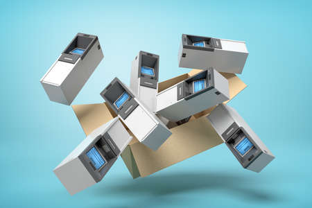 3d rendering of cardboard box in air full of several ATMs which are flying out and floating outside on blue background.の写真素材