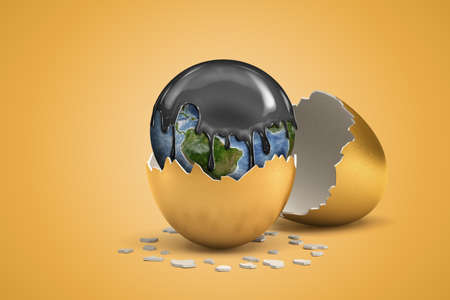 3d rendering of earth globe covered with black thick liquid hatching out of golden egg on yellow backgroundの写真素材