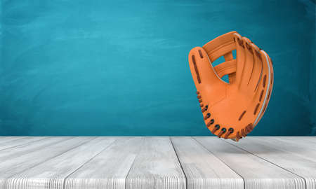 3d rendering of leather baseball glove on white wooden floor and dark turquoise backgroundの写真素材