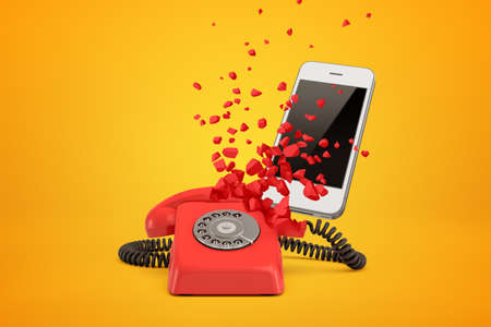 3d rendering of red wire line phone breaking in pieces and white modern smartphone behind it on amber background.の写真素材