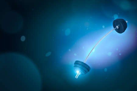 3d rendering of barbell with slightly bent bar on gradient blue bokeh background with copy space.の写真素材