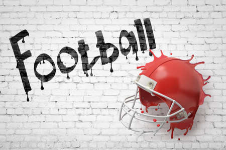 3d rendering of a red american football helmet splashing with Football sign on white brick wall backgroundの写真素材