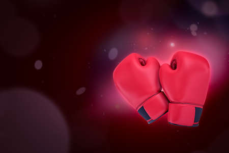 3d rendering of pair of red boxing gloves on gradient cherry-purple bokeh background with copy space.の写真素材