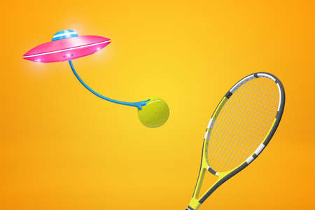 3d rendering of pink UFO carrying tennis ball, flying against amber background with tennis racket in foreground.の写真素材