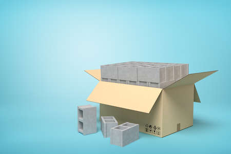 3d rendering of cardboard box full of gray hollow bricks on blue background.
