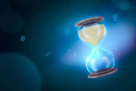 3d close-up rendering of hourglass with full upper bulb on blue gradient bokeh background with copy...