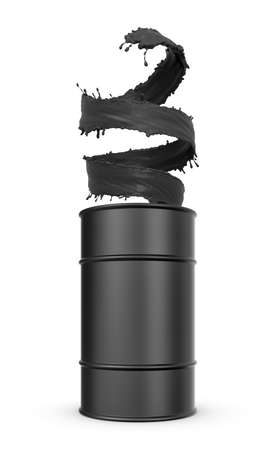 3d rendering of black metal barrel with thick black spiral liquid isolated on white backgroundの写真素材