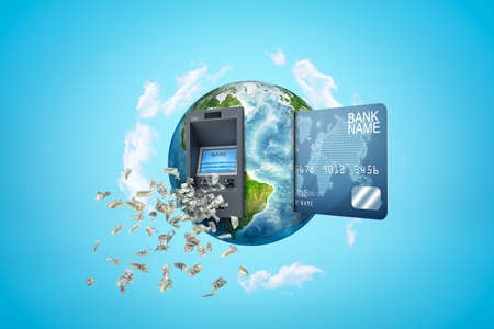 3d rendering of colored earth globe with built ATM machine, bank card sticking out and dollars in the air on blue sky backgroundの写真素材