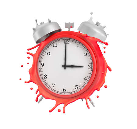3d rendering of red alarm clock melting isolated on white backgroundの写真素材