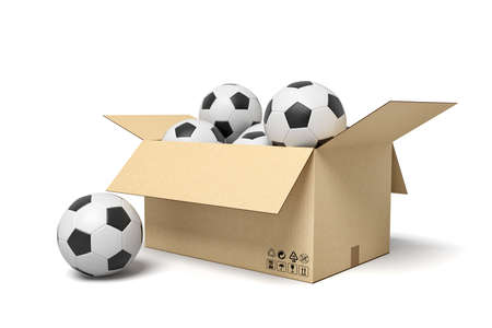 3d rendering of cardboard box full of footballs and one football beside.の写真素材