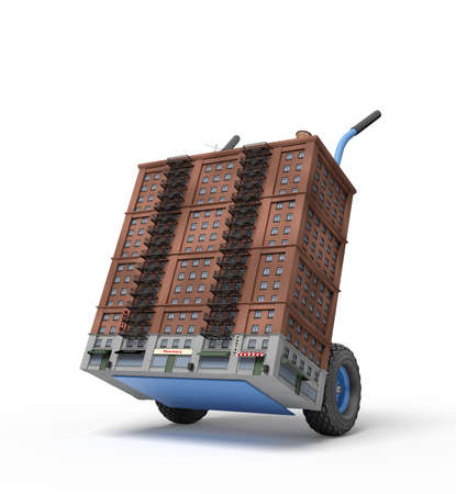 3d rendering of small 16-storeyed block of flats on blue hand truck.の写真素材