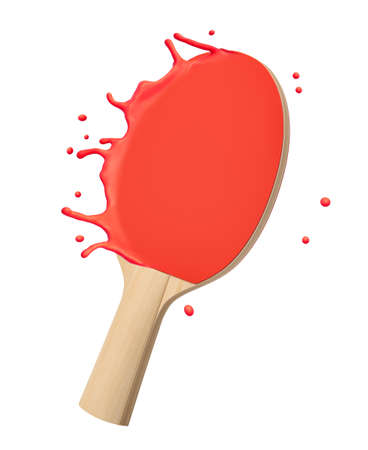 3d rendering of table tennis racket with red melting rubber splashing drops around isolated on white background.の写真素材