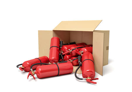 3d rendering of cardboard box lying sidelong full of red fire extinguishers.の写真素材