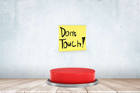 3d rendering of red button on white wooden floor with yellow Dont touch note aboveの写真素材
